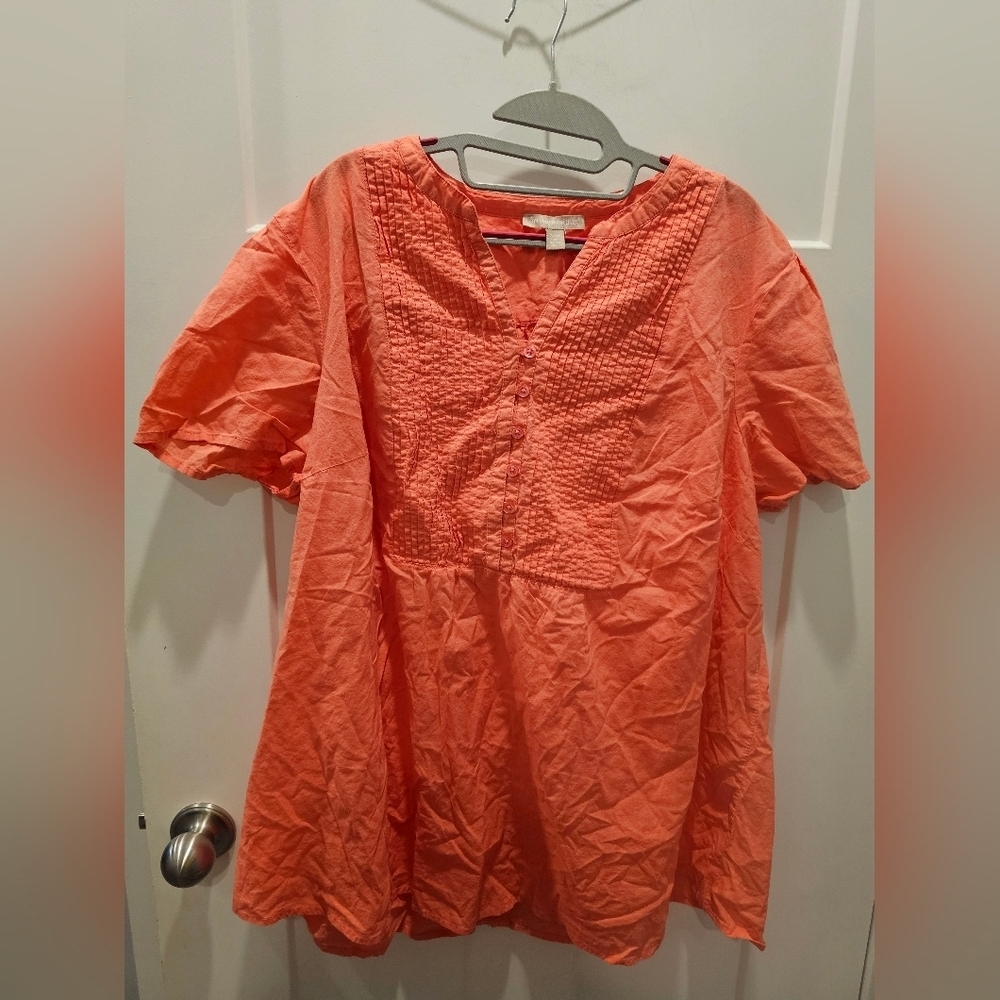 Woman Within 1X 22/24 Coral Cotton Pintuck Tunic Top Short Sleeve Blouse